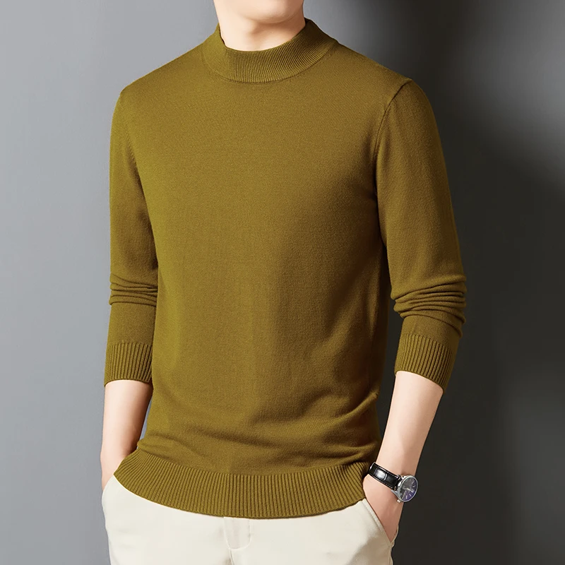

Autumn and winter new round neck and half high neck sweater for men's casual men's wear, solid color versatile base shirt