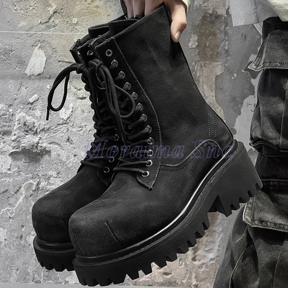 

Canvas Cross Strap Big Round Toe Short Boots Street Style Men's Motorcycle Boots Side Zipper Thick Sole Block Chunky Heel Autumn