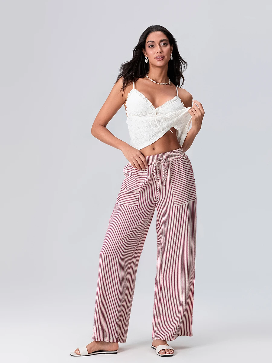 Pantaloni da salotto a righe da donna con coulisse elastico in vita gamba larga pantaloni larghi Casual tascabili