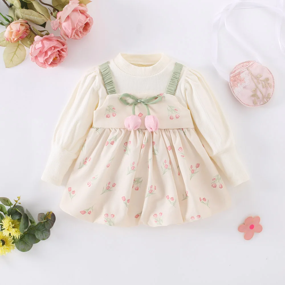 Spring and Autumn Baby Girl Dress Girls Long Sleeve Top with Splicing Bow Flower Print Elastic Strap Dress Fake Two Piece Set