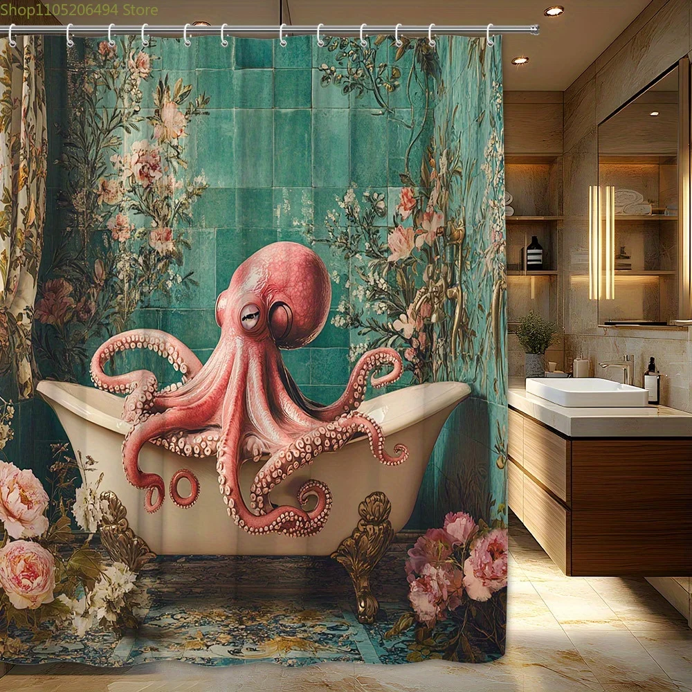 

1pc Whimsical Octopus in Vintage Bathtub Shower Curtain - Surreal Teal Tiled Wall & Floral Accents Design, Machine-Washable Po