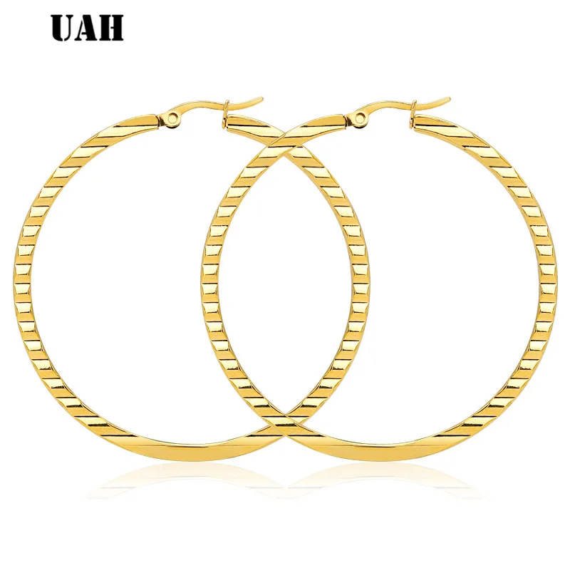 UAH-Boucles d'oreilles créoles en acier inoxydable doré pour femme, grand cercle rond, long basket-ball, célébrité, bijoux créoles