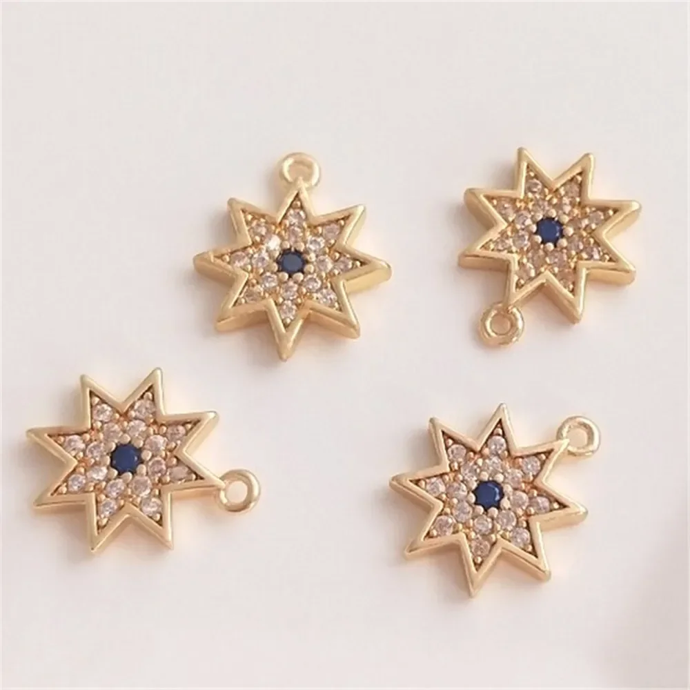 Micro Inlaid Zircon 14K Gold Eight Pointed Star Double Hanging Connector Pendant Accessory DIY Handmade Bracelet Ear Jewelry