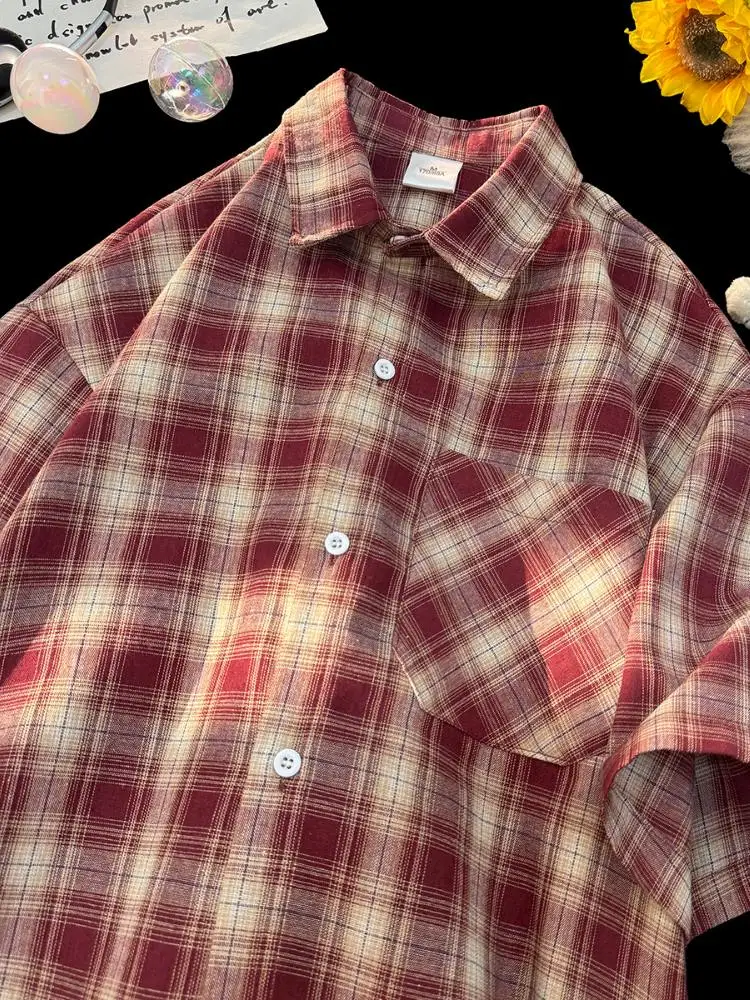 

Retro Japanese Plaid Shirt Men's Short Sleeve Summer Thin Loose Lazy Style Casual Shirt Boys' Half Sleeve Top