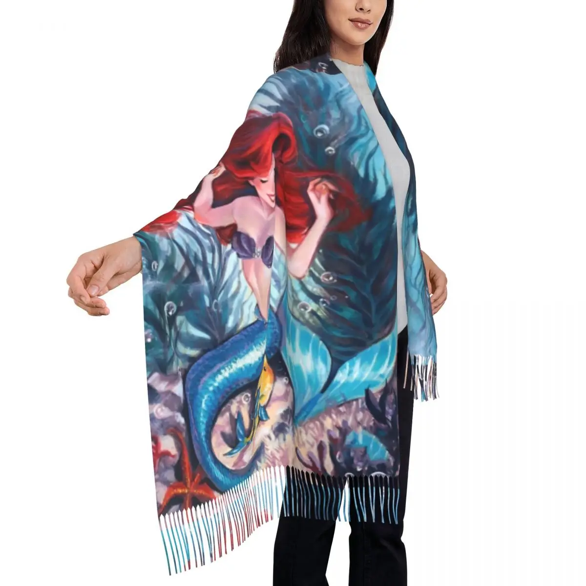 Little Mermaid การ์ตูนผ้าพันคอยาวพู่อุ่น Shawl Wrap ผู้หญิงออกแบบผ้าพันคอฤดูหนาวแฟชั่น Foulard