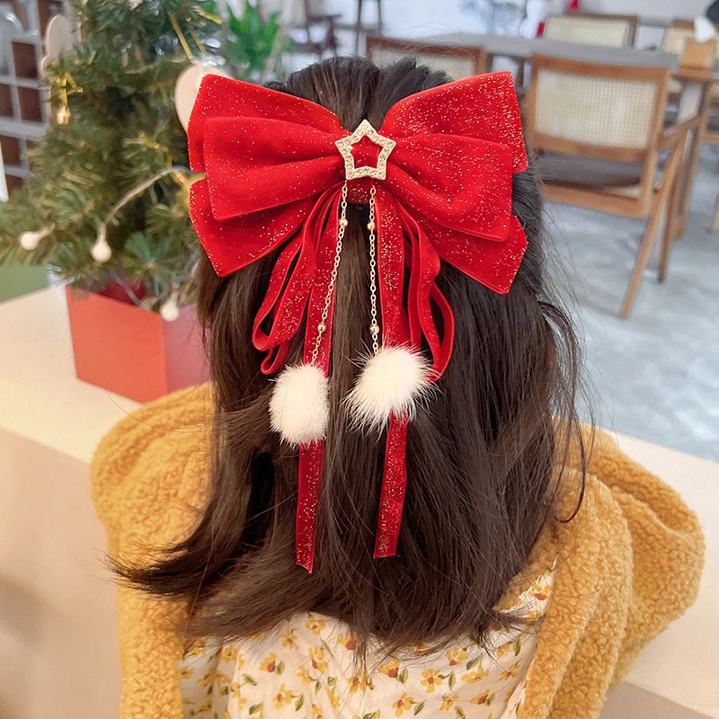 New Red Velvet Big Bow Girls New Year Hair Accessories Net Red Pompon Streamer Hairpin Christmas New Year Decorative Pendant