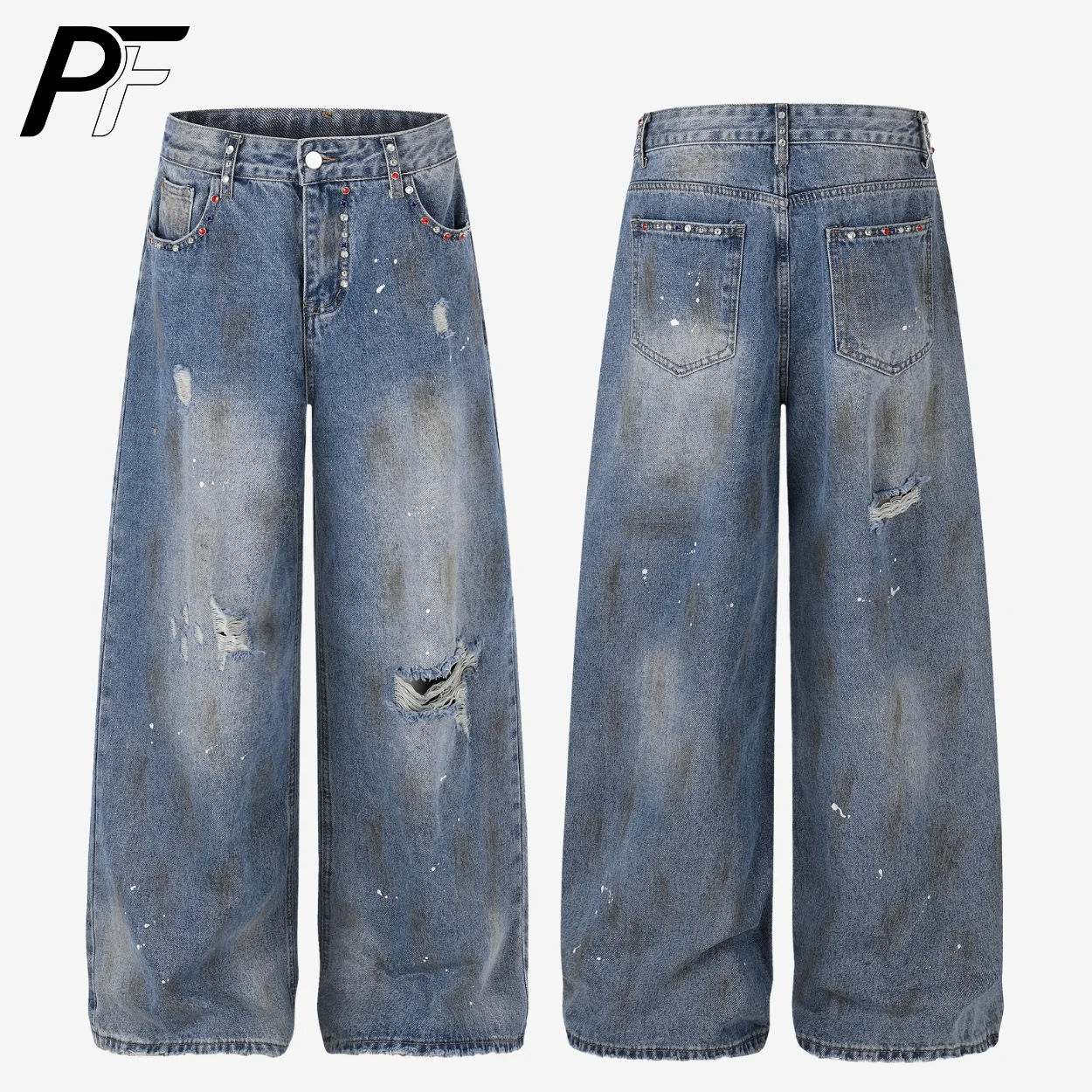 

Джинсы Y2K Baggy Denim прямого кроя, винтажные, с эффектом потертости, широкие, с декором из страз и брызгами краски, в стиле стритвир