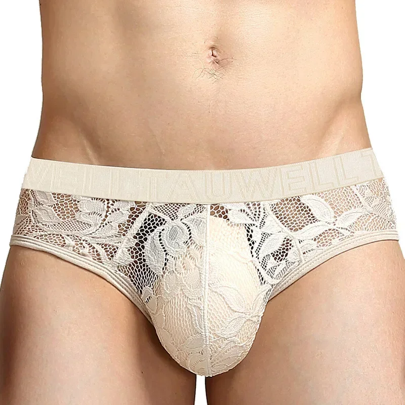 

Men's Erotic Bulge Brief Lace Sheer Sissy Crossdressing Underwear See Through Underpant Gays Sexy Low Waist U Convex Pouch Tanga