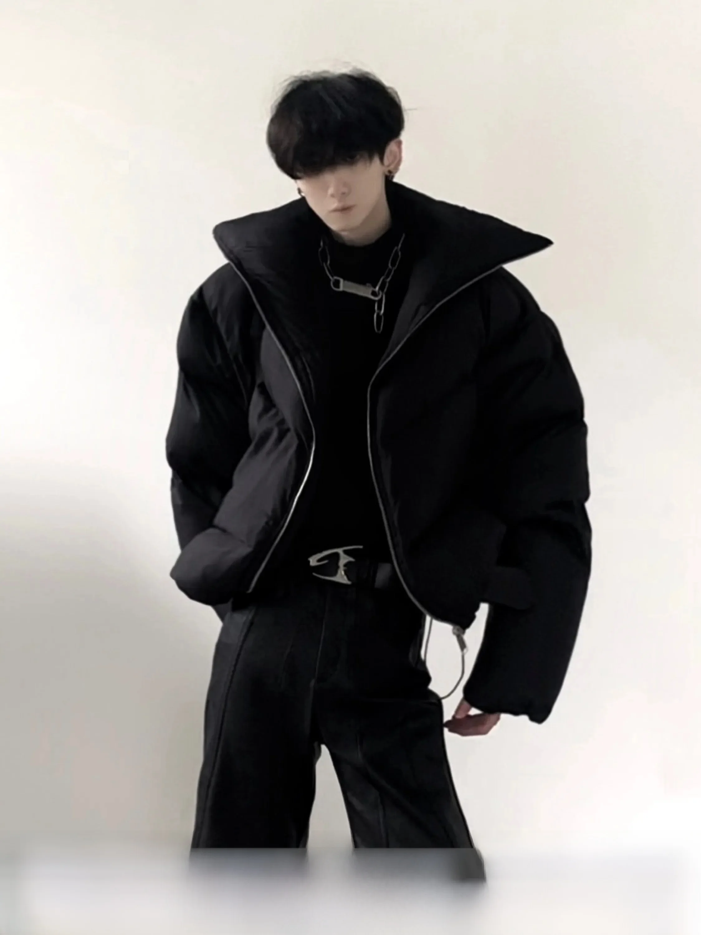 Autumn Mountain Wind Thickened Short High Collar Cotton Jacket Men's Winter Fashion Urban Style Long Sleeve Zipper Closure Coat