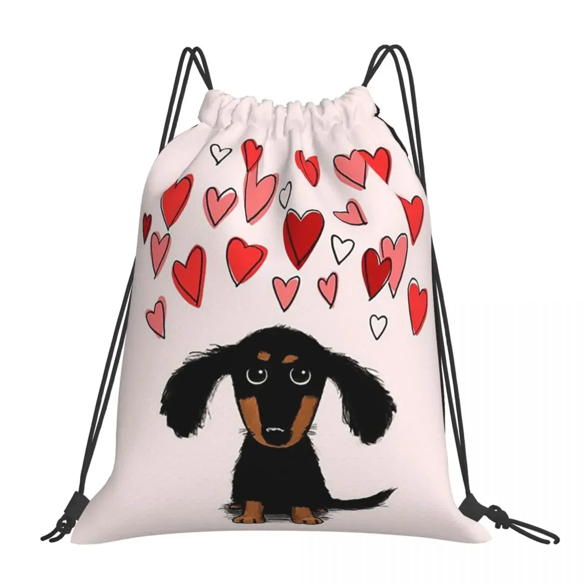 Cute Dachshund Puppy Dog With Valentine Hearts Backpacks Drawstring Bags Drawstring Bundle Pocket Sports Bag BookBag