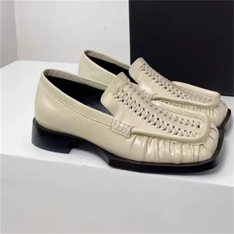 

Weaven Shoes For Women Square Toes Ladies Low Heels Pleated Female Loafers Sewing Lines Zapatos De Mujer Shallow Chassure Femme