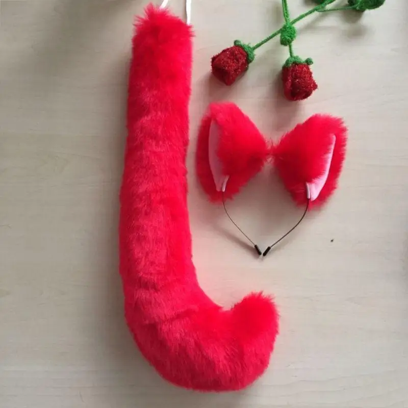 Q0KE niños adultos Anime Color sólido felpa para gato accesorios Cosplay orejas animales Bandana cola larga Halloween