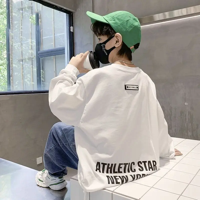 Boys' Cotton Handsome Long Sleeved T-shirt 2024 New Spring And Autumn Season Loose Base Shirt For Middle-aged And Young Child image 2