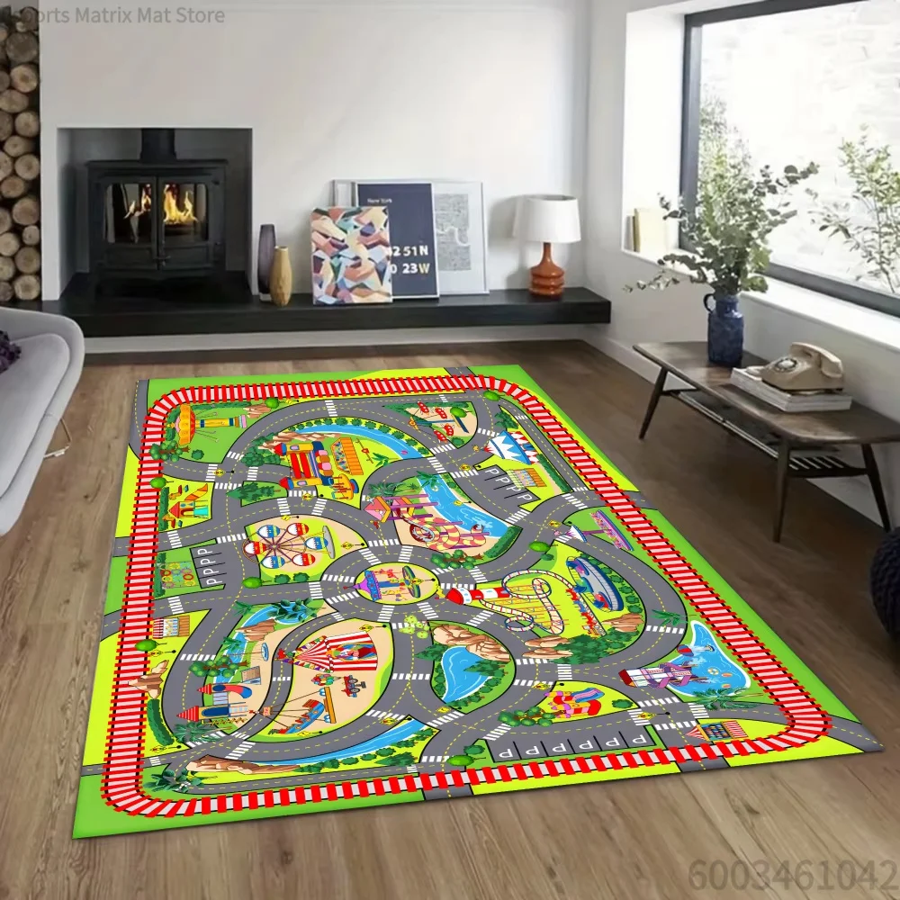 Kids Amusement Park Train Track Floor Rug, Decorative Play Carpet Mat for Playroom Game Room Home Interior Decor