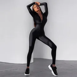 Oshoplive Sexy Jumpsuits female Fashion Solid Color Long Sleeves Zipper Patchwor Sports Yoga Fitness Jumpsuits For Women