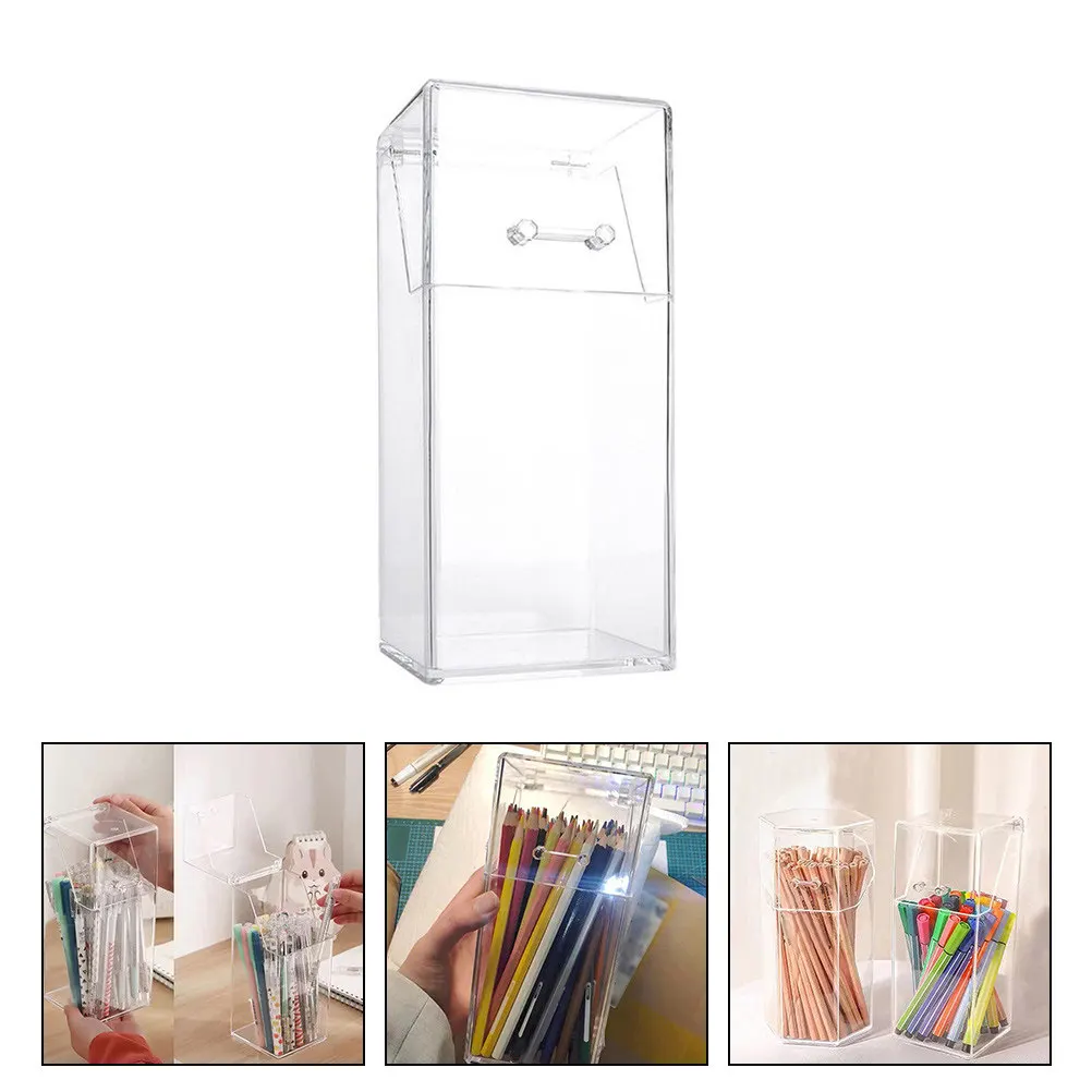 2Pcs Acrylic Desktop Organizer Transparent Pen Holder Makeup Brush Storage Canister Stationery Holder Tools Storage Box
