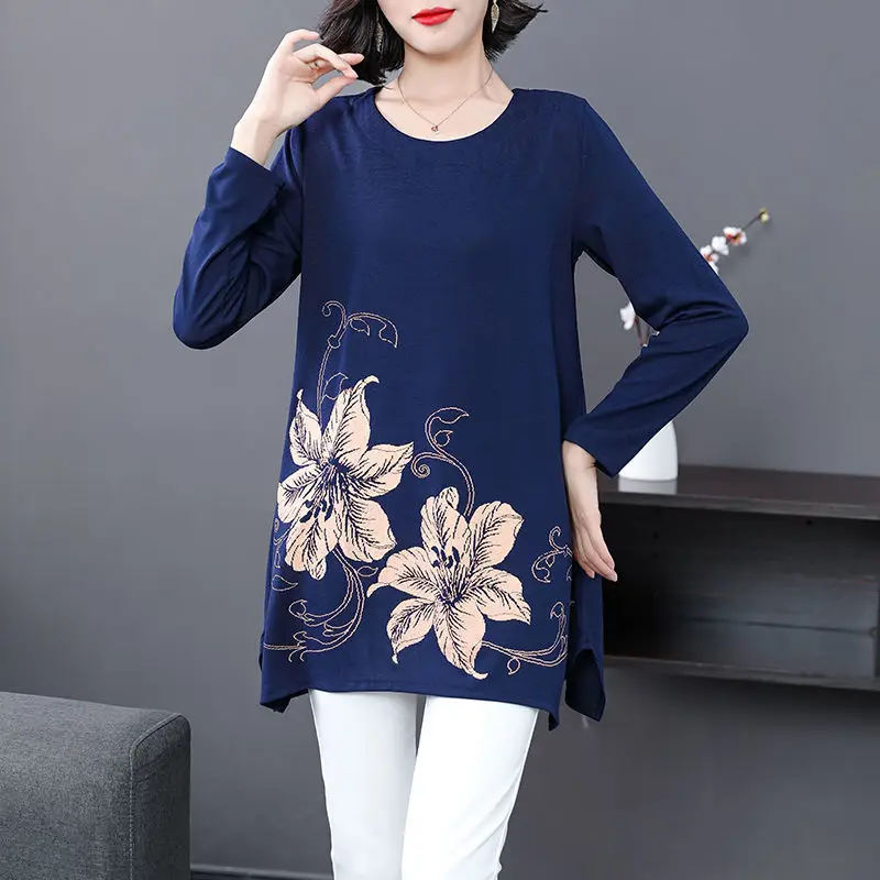 Casual Fashion Floral Printing Long Sleeve Tops Ladies 2023 New Spring Autumn Simple Round Neck Loose T-shirt Women\'s Clothing