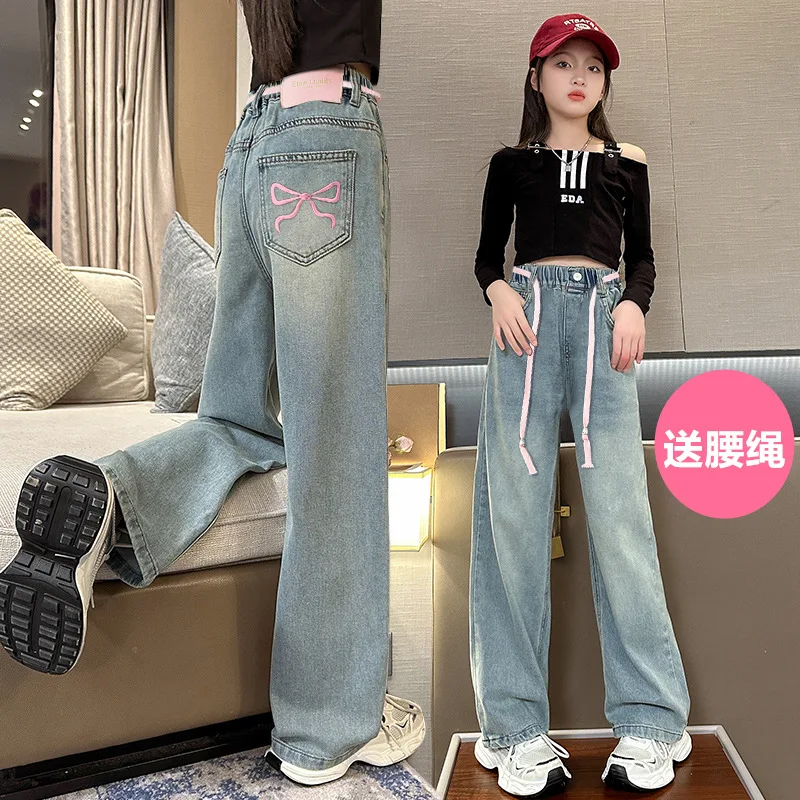 Girls Jeans Loose Simple Teenage Kids Wide Leg Trousers Blue Casual Elastic Waist Straight Leg Pants 12 13 Year Children Clothes