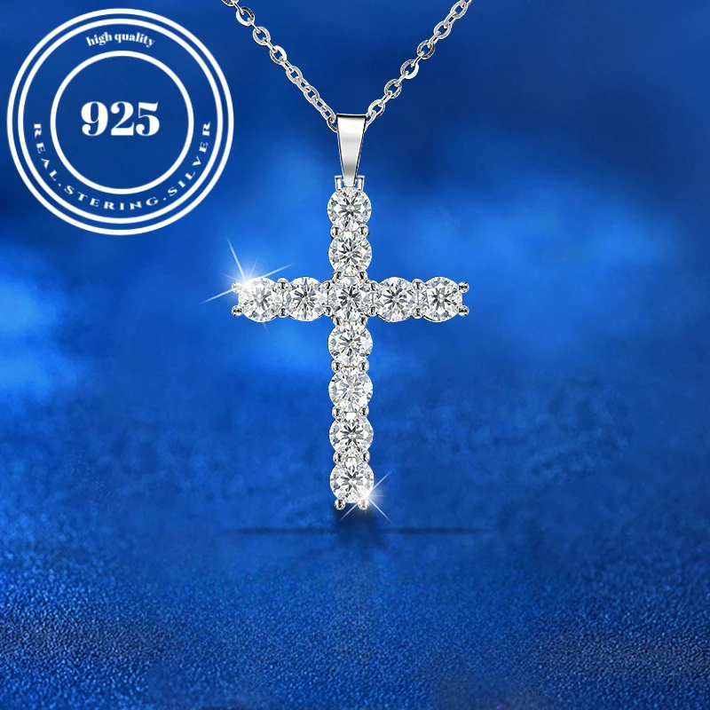 S925 Moissanite sterling silver cross necklace accessories clavicle chain simple and versatile, wedding jewelry gifts.