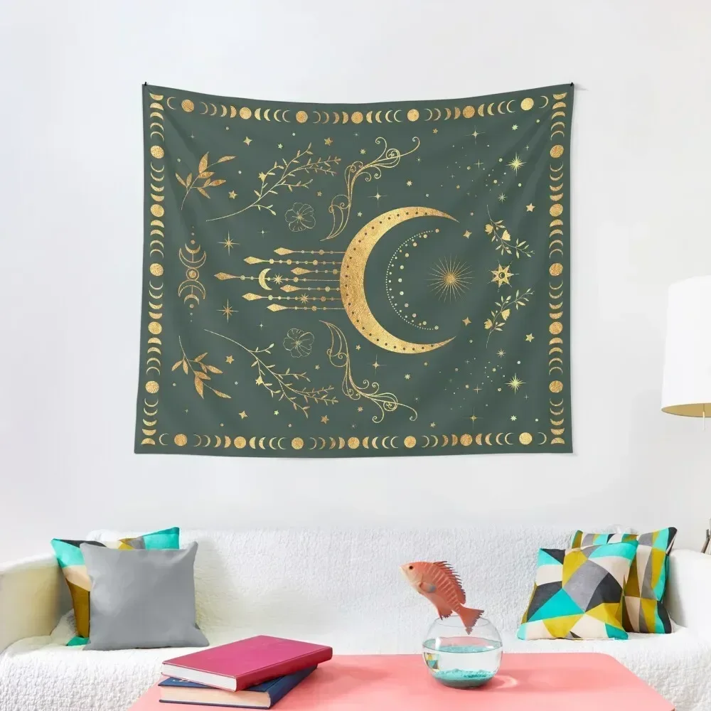 

Sage green and gold Celestial crescent moon with floral accents and moon phase tie dye Tapestry Decoration For Bedroom Tapestry