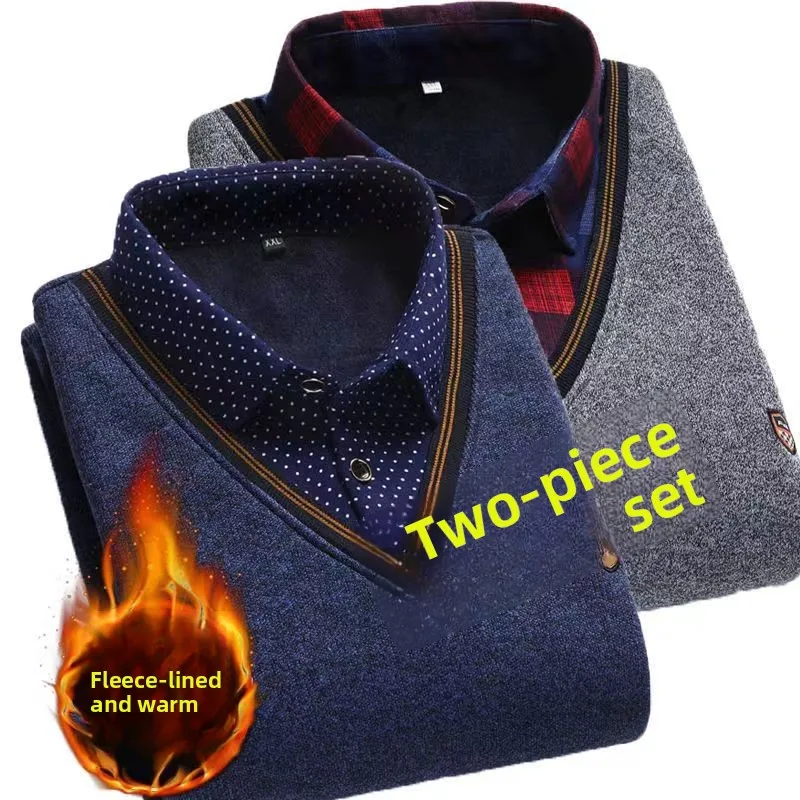 

Осень-зима Thiened вязаный свитер с искусственным воротником свободный теплый шерстяной свитер для папы модный городской бизнес повседневный