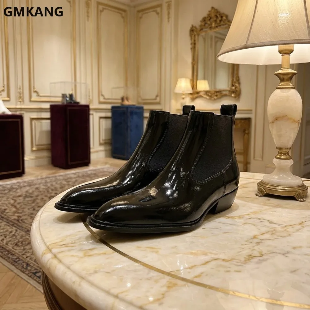 Vintage Pointed Toe Chelsea Ankle Boots Women Western Cowboy Style Chunky Heel Pull On Short Boots Retro Leather Side Zipper