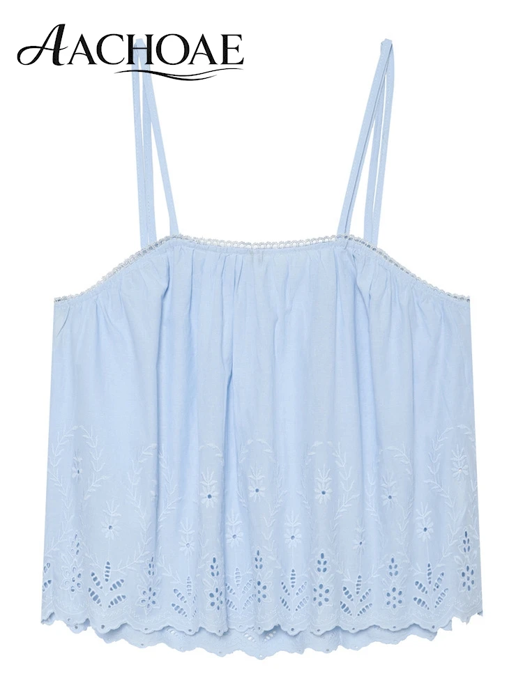 AACHOAE Women Boho Eyelet Embroidered Cotton Cami Tie Shoulder Sleeveless Scallop Hem Loose Cami Top Casual Summer Beach Blouse