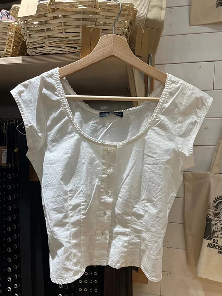 Szwy Białe wąskie koszulki bez rękawów Letni kołnierzyk w kształcie litery U Jednorzędowa bawełniana bluzka na co dzień Top Femme Styl Preppy Topy y2k