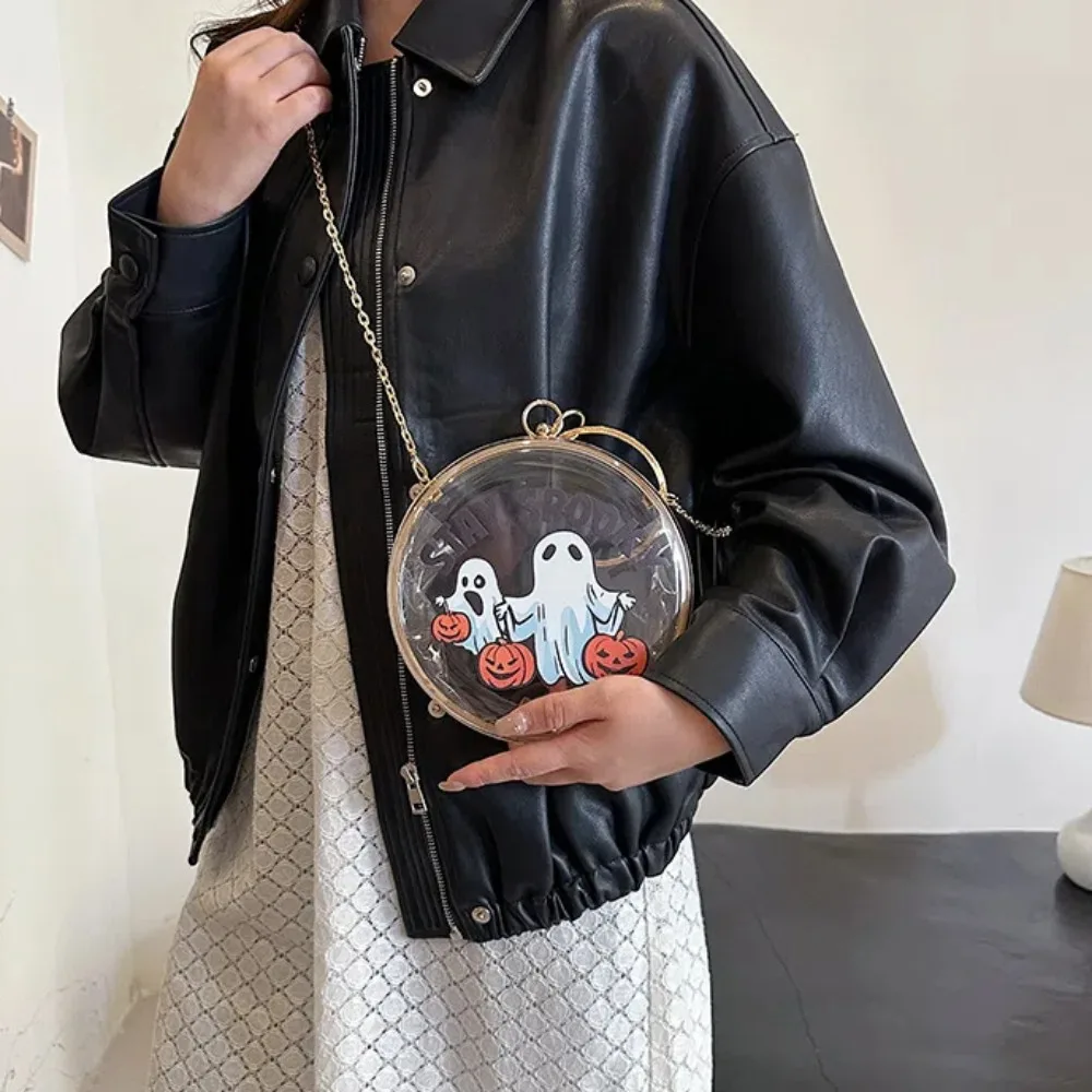 Portable Pumpkin Halloween Round Handbag Printed Cartoon 18cm Chain Crossbody Bag Dustproof Ghost Display Wrist Bag Party