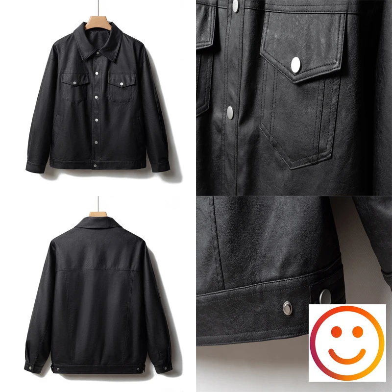 

Retro Lapel Motorcycle Leather Black Jacket Men Women High Quality Coach Pilot Jacket Flap Pocket Metal Buckle workwear Coat