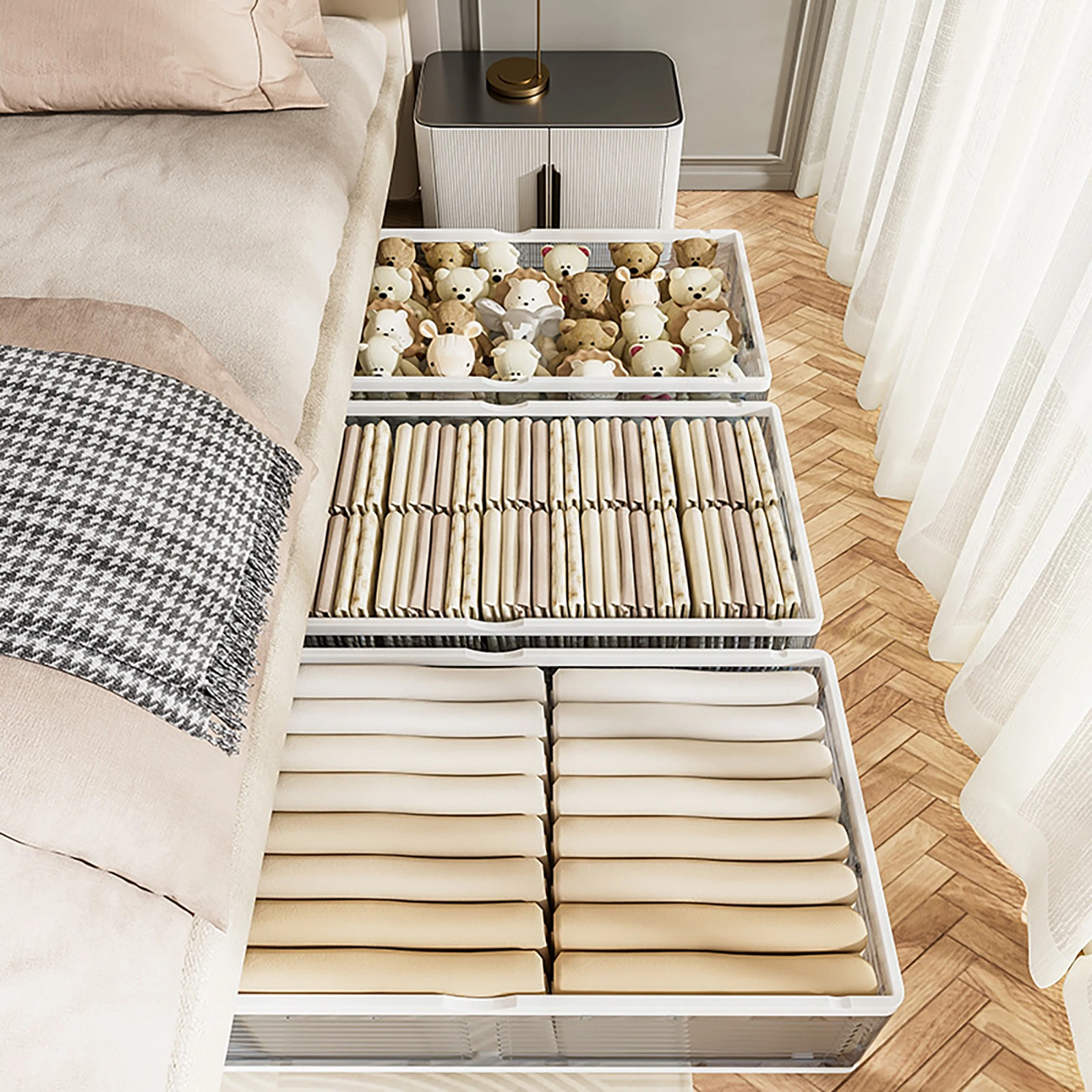 Unterbett-Aufbewahrungsbox mit Rollen & Deckeln 101*51,5*24cm Faltbarer Organizer 6 Verriegelungsschnallen Staubdicht für Decken Kleidung Spielzeug – Detail 22