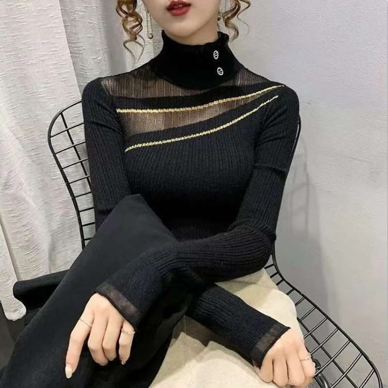 Women Autumn and Winter Fashion Korean New Upscale Half High Collar Lace Base Layers Solid Lace Spliced Sweater Long Sleeve Tops