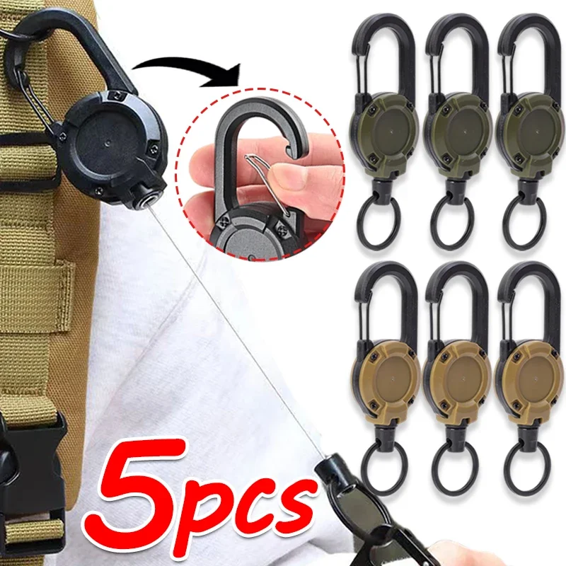 1-5pcs Heavy Duty Retractable Pull Badges ID Reel Carabiner Key Chain Steel Wire Rope Buckle Key Holder Outdoor Keychain Tools