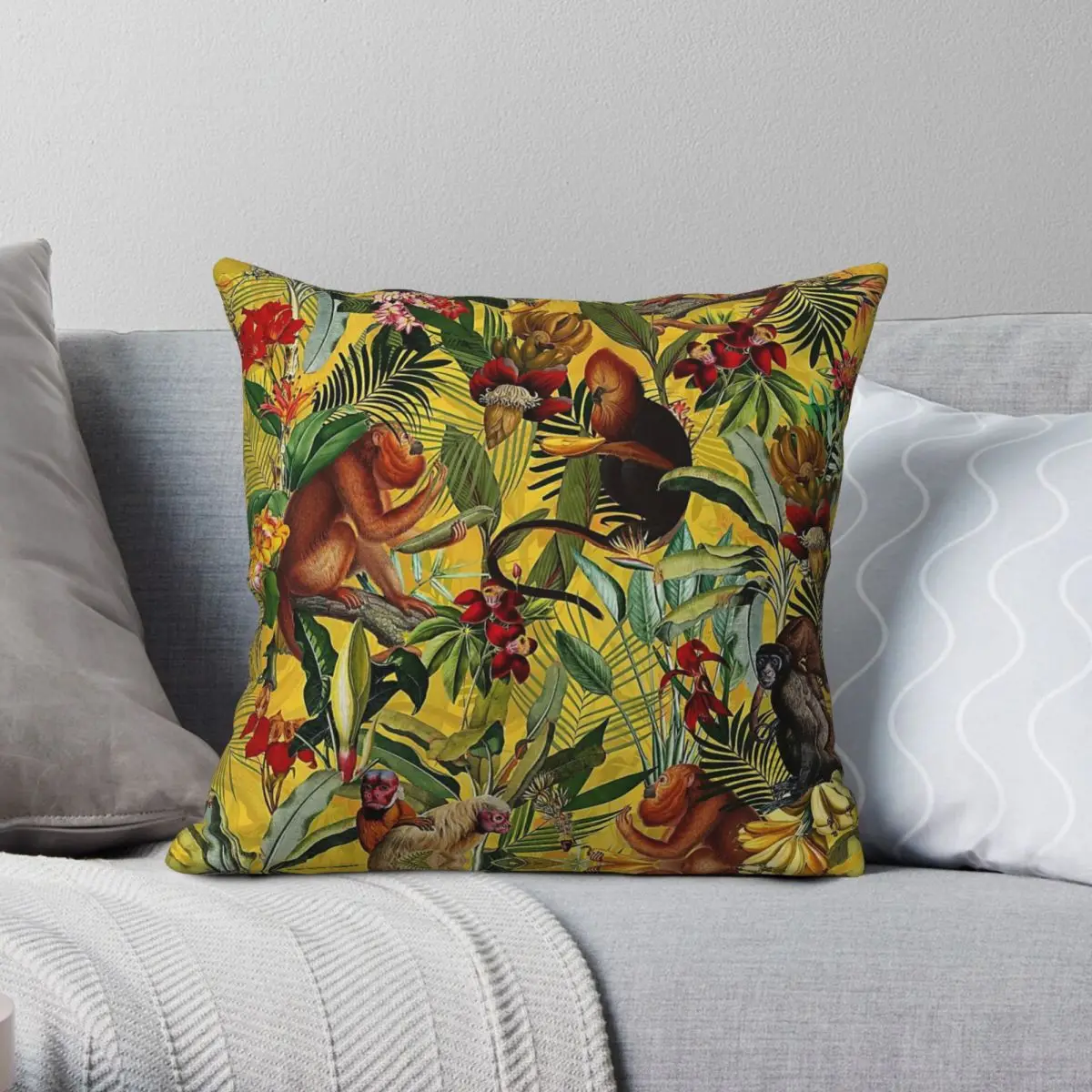 

Tropical Monkey Jungle Botanical Square Pillowcase Polyester Linen Velvet Pattern Zip Pillow Case Room Cushion Cover 45x45