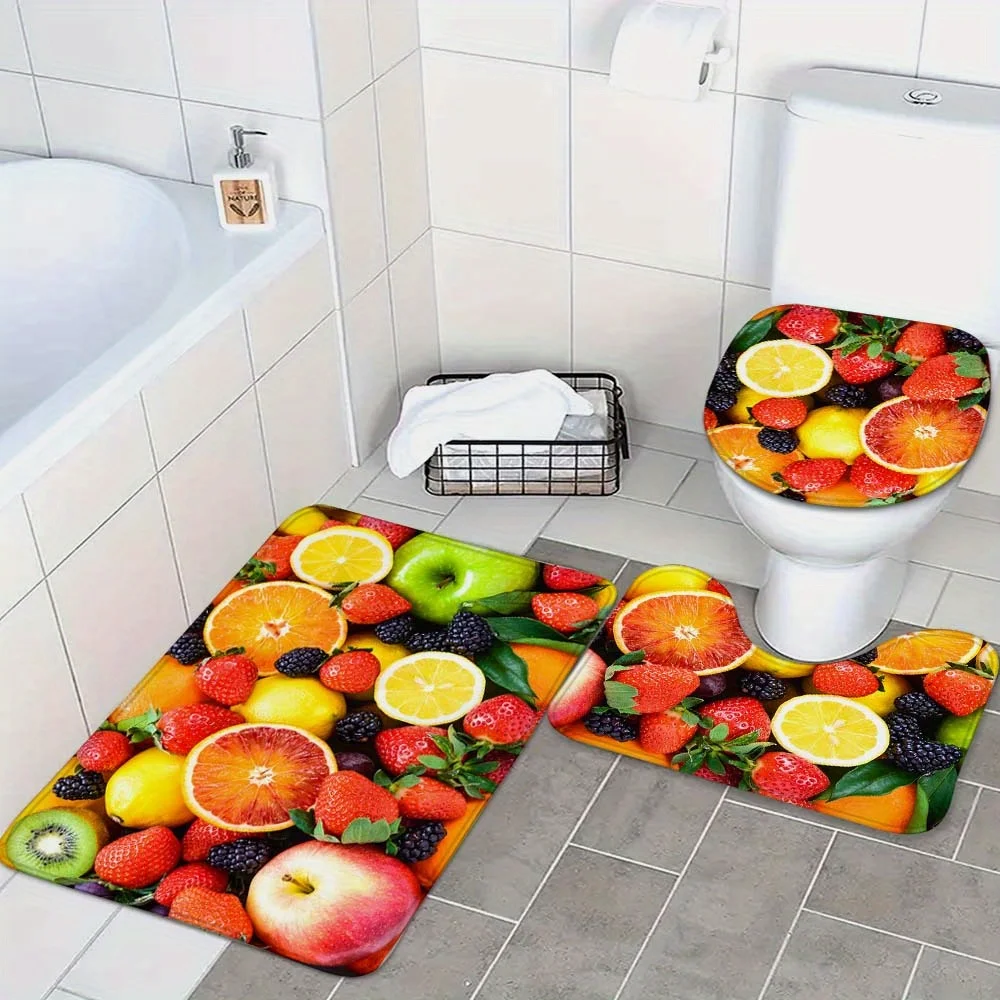 

3-Piece Fruit Pattern Bathroom Rug Set - Non-Slip Polyester Bath Mat with Toilet Cover and U-Shaped Bath Mat