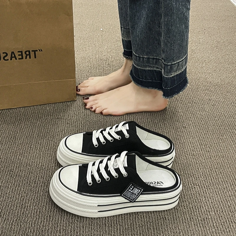 2026 Summer New Thick Sole Heel-Up Slippers Trendy All-Matching Lazy One-Step Slides Fashion Casual Canvas Shoes for Women