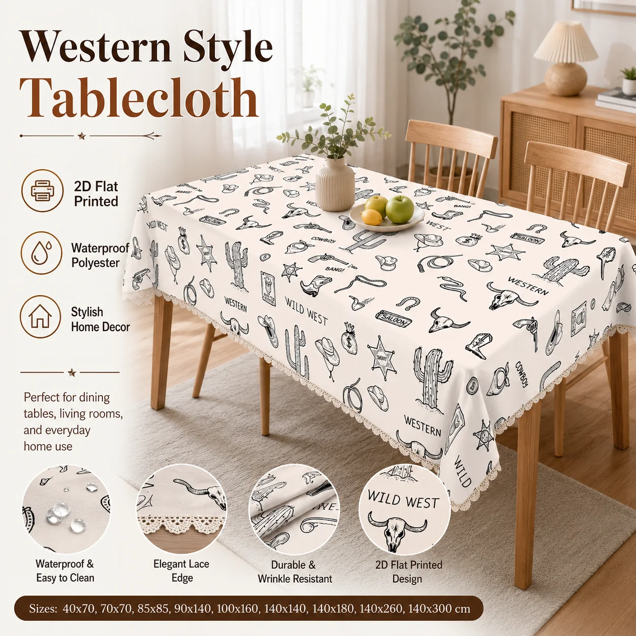 

Western Style Wild West Tablecloth Waterproof Polyester 2D Flat Printed Table Cover With Lace Edge For Dining Room Home Decor