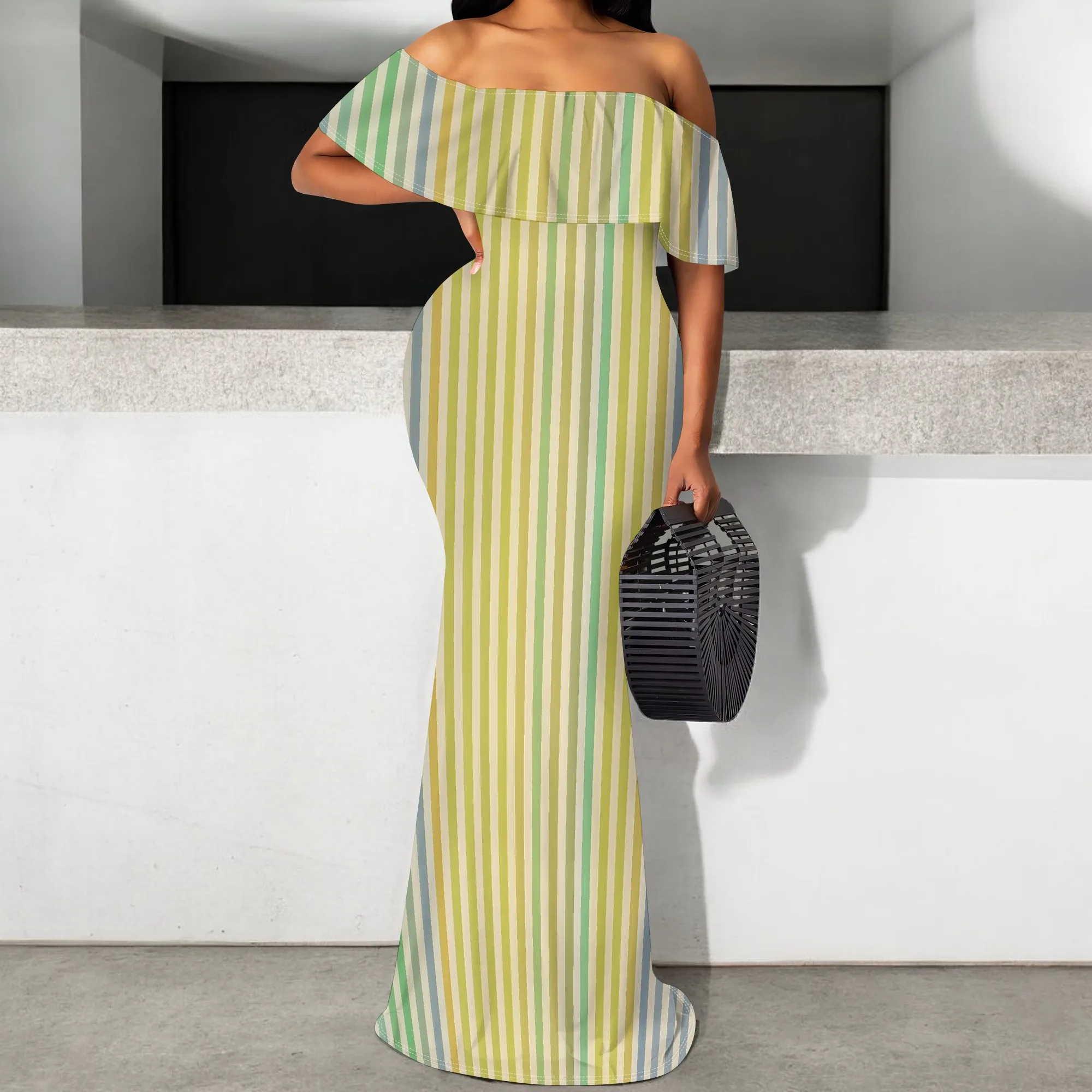 

Striped Off Shoulder Maxi Dress S-3XL Casual Elegant Slim Fit Summer Long Dress for Women