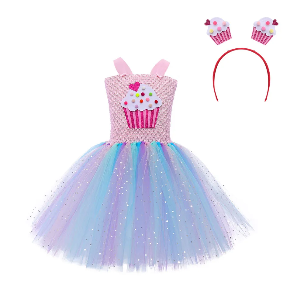 Pastel Rainbow Girls Cupcake Costume Sweet Candyland Girl Tutu Dress with Headband Baby Birthday Outfit Princess Ball Gown