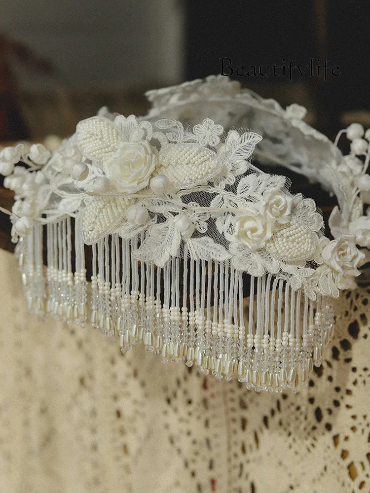 Heavy Industry Beaded Petal Fringed Headband Hat Vintage Dress Accessories