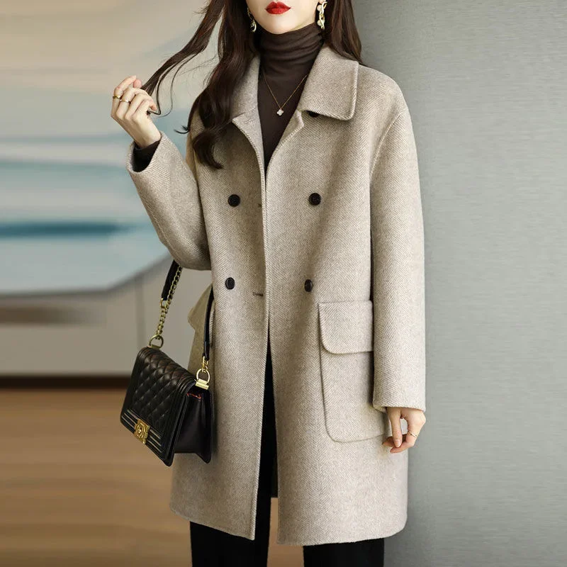 

Women's Thickened Woolen Coat Hot Sale Of The Season Autumn Winter New Style Coffee Color Slim Fit Korean Style Medium Length