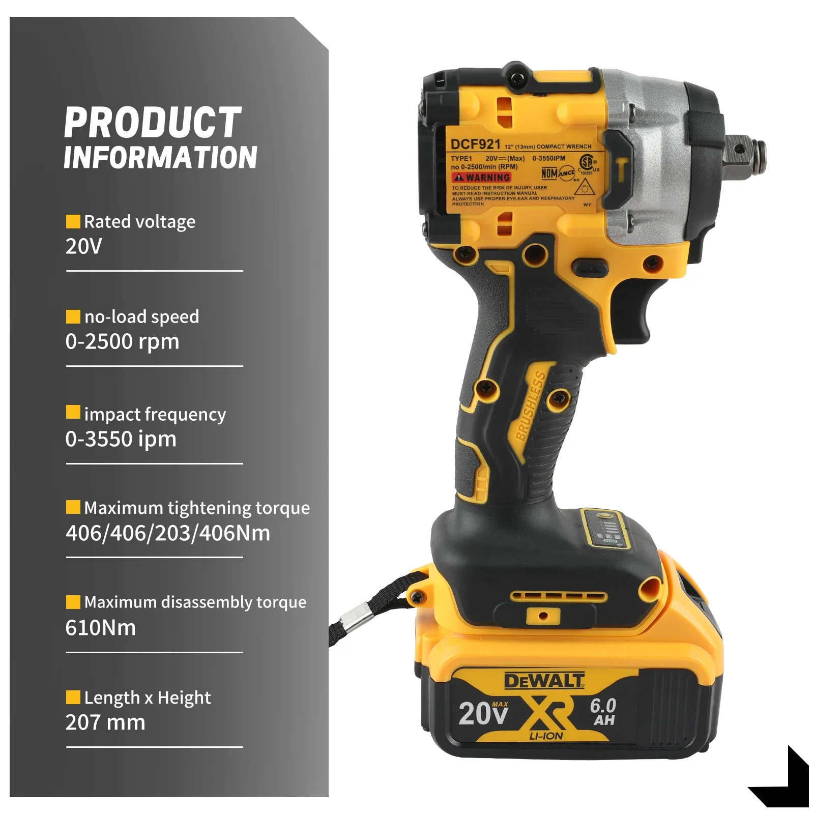 DeWALT DCF921 20V Cordless Brushless Impact Wrench, Compact Mini Body, 1/2 Inch Square Drive, Lightweight for Auto Tire Repair
