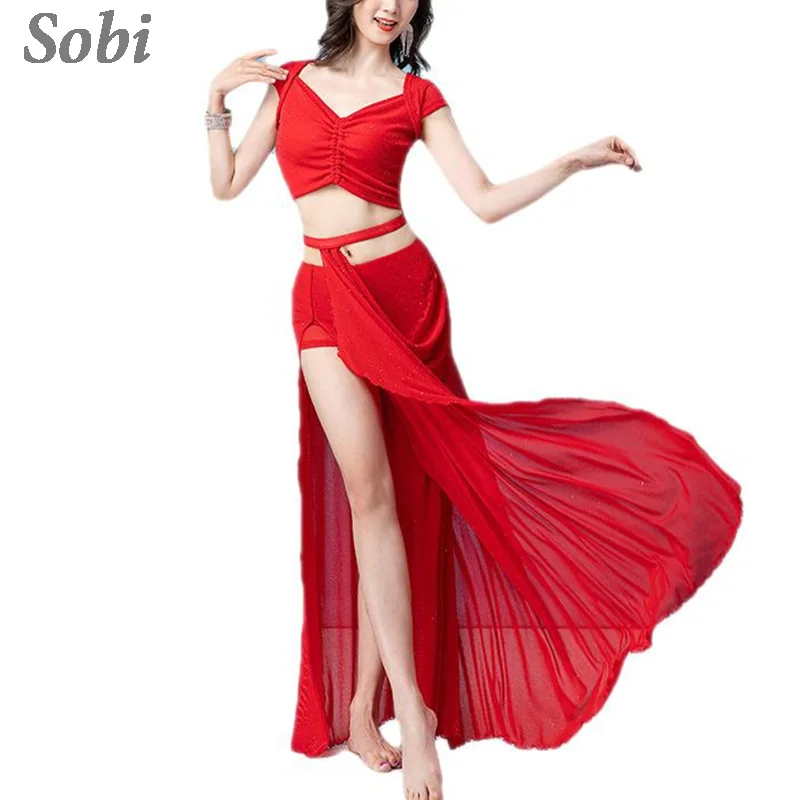 Ropa de práctica de danza del vientre para mujer, Top de manga corta y falda dividida, traje de práctica para principiantes, ropa de Baile Oriental