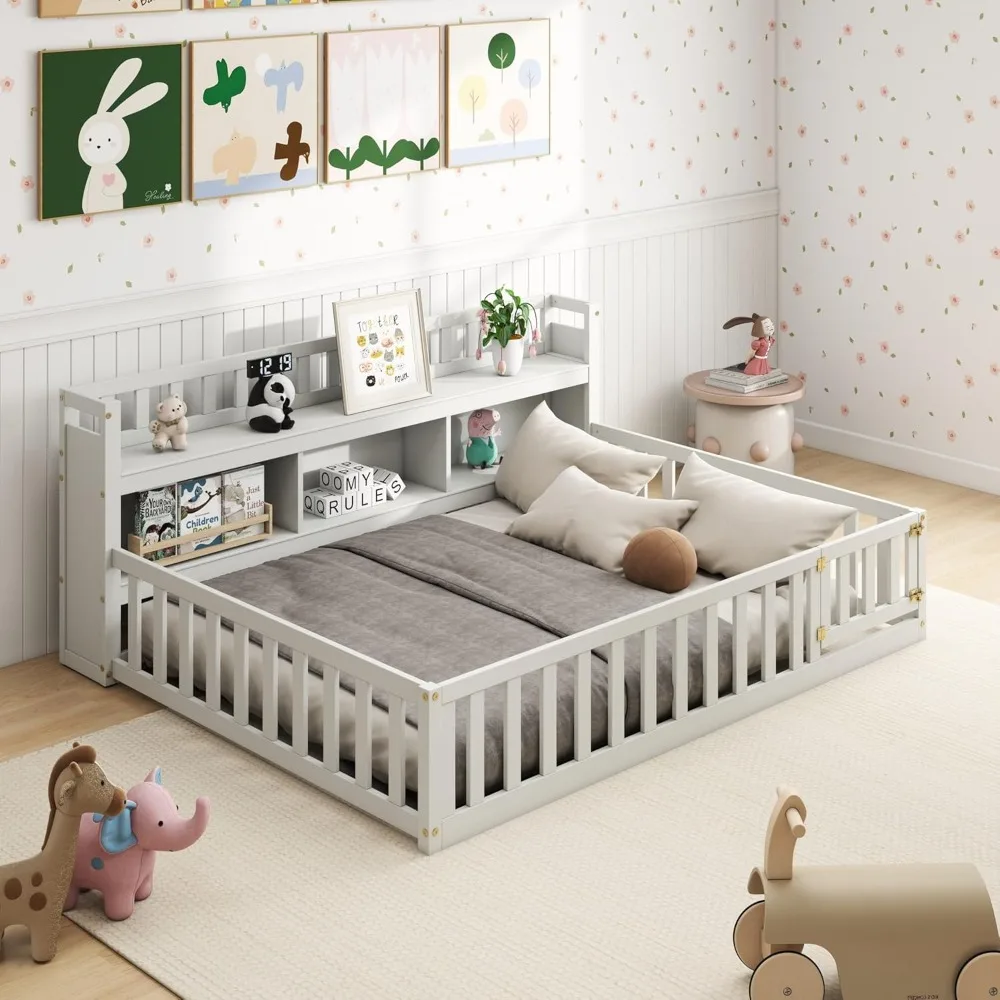 

Aoowow Full Size Montessori Floor Bed, Kids Full Bed Frame with Bedside Bookcase and Doors, Wood Floor Playhouse with Guardrail