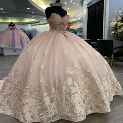 2024 Pink Quinceanera Dresses Sexy Off the Shoulder Princess Ball Gown Appliques Lace Beads Long Corset Party Dress for 15 Year