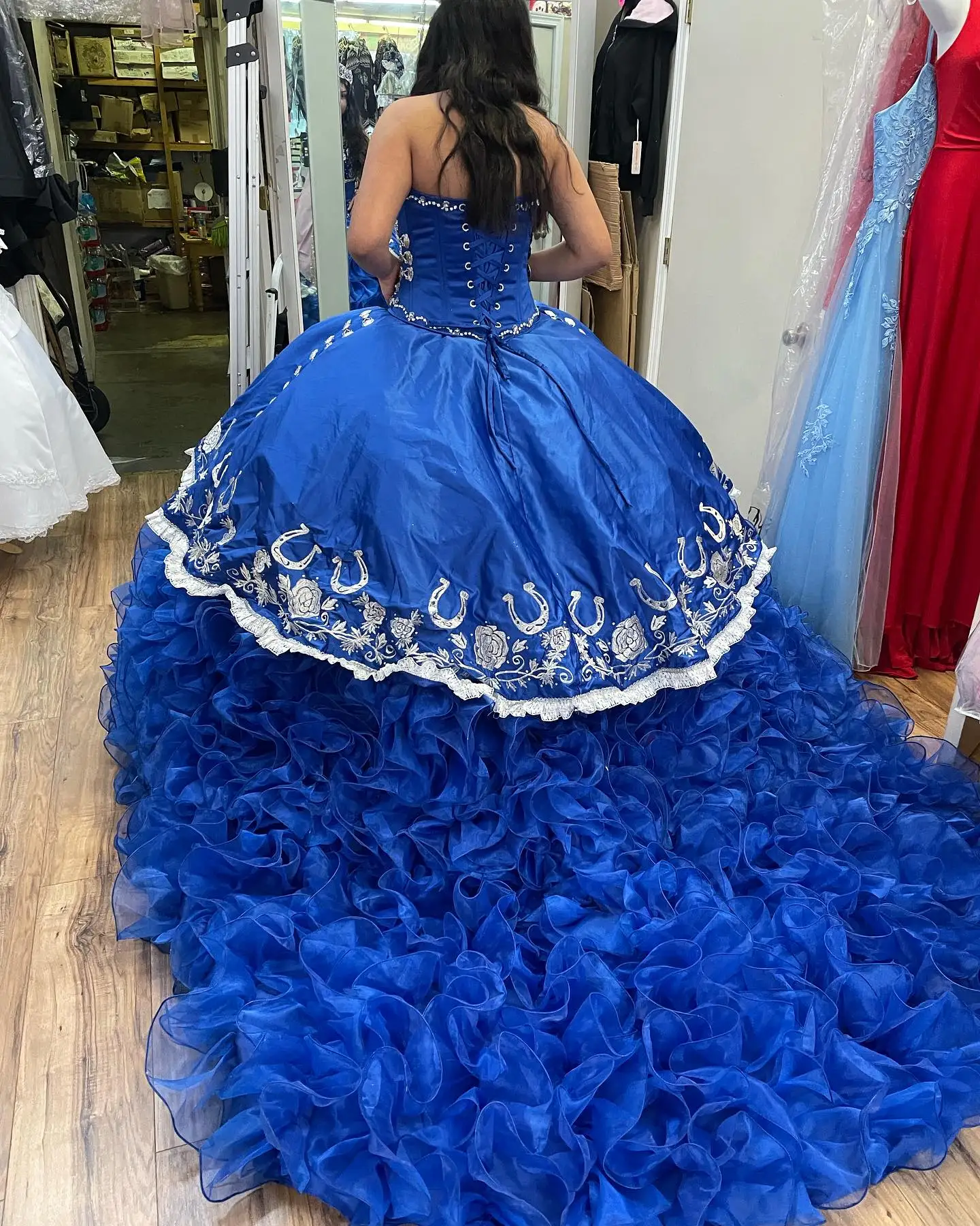 Red Charro Style Ruffles Gold Embroidery Quinceanera Dress Off the Shoulder Sweet 16 Dresses with Metal Buttons and Long Train