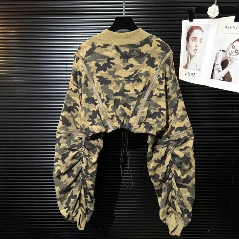 HKSH Spring Autumn New Women Short Jacket Camouflage Pleated Long Sleeve Stand Collar Zipper Streetwear Hip Hop Y2K Coat HK12264