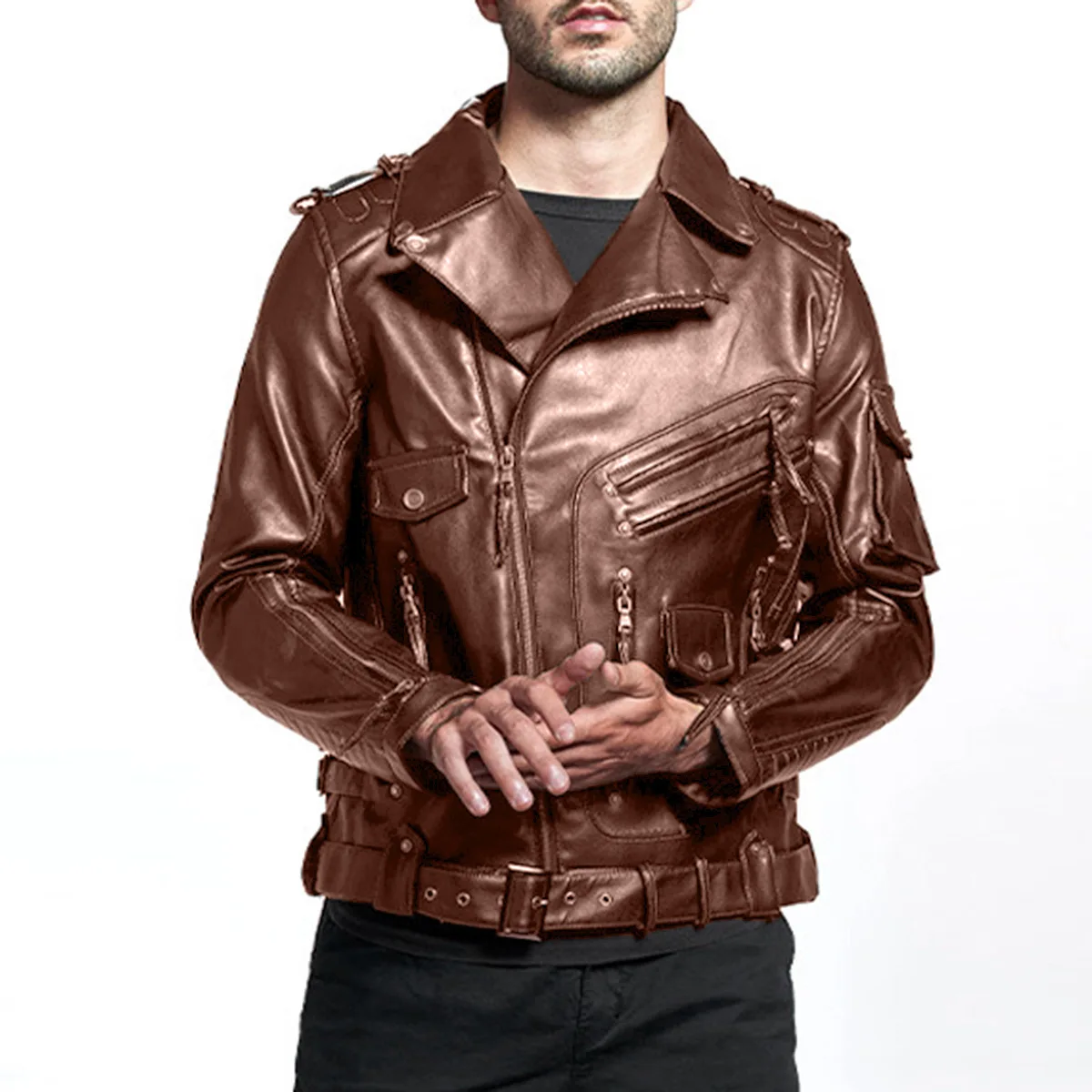 

Men's PU Leather Jacket Locomotive Multi-pocket Zipper Design Jacket Men's Motorcycle Punk