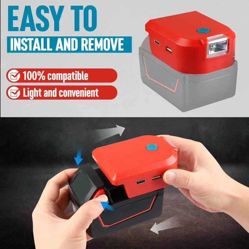 Адаптер аккумулятора со светодиодный для литий-ионной батареи Milwaukee, двойной USB-разъем с портом 12 В постоянного тока, светодиодный режима, светодиодная лампа рабочего освещения, аварийная лампа с пряжкой