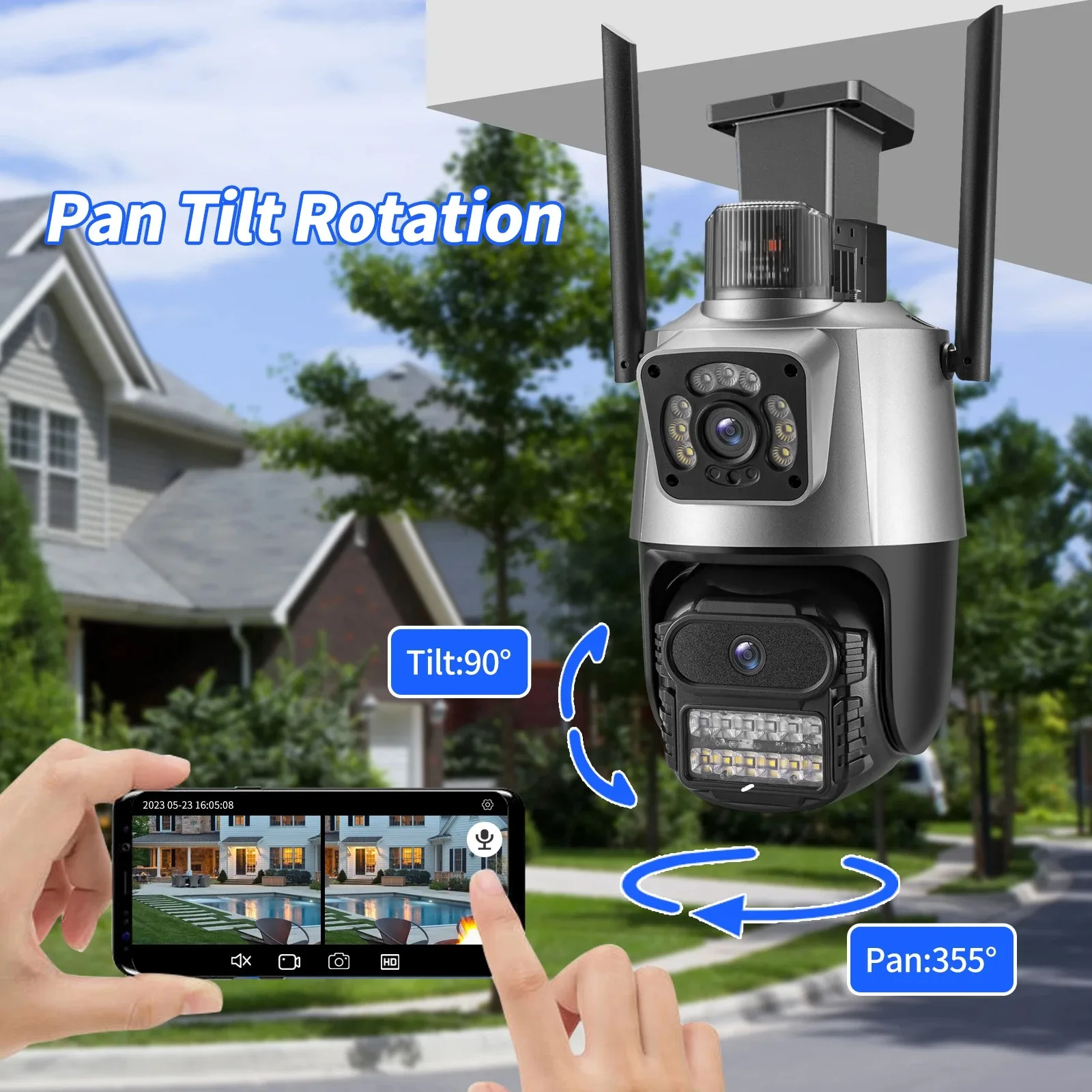 Gadinan في الهواء الطلق واي فاي كاميرا IP PTZ 4-Lens 4-شاشة مراقبة الفيديو 12MP 8X التكبير اللون للرؤية الليلية CCTV كاميرات المراقبة